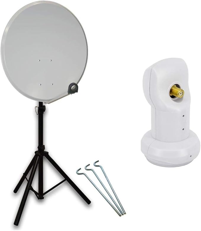 Premium X Mobile Camping SAT Anlage 45 cm Hellgrau Satelliten-Schüssel Antenne Single LNB 4K UHD Dreibein-Stativ 121837