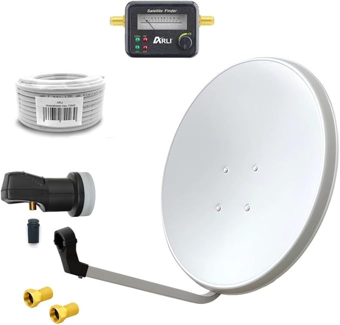 ARLI 60cm HD Sat Anlage Single LNB + Satfinder + 15m Kabel 1 Teilnehmer lichtgrau/Weiss UHD 4K FullHD