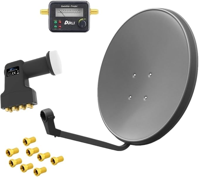 Nein Auslaufartikel (Produktion durch ARLI 60 cm UHD 4K Satellitenschüssel mit Octo LNB, Satfinder und 8 vergoldeten F-Steckern für 8 Teilnehmer