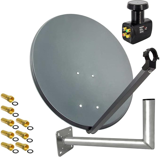 N/A PremiumX Satelliten-Komplettanlage 60 cm Anthrazit mit Quad LNB, Wandhalter 45 cm und 8x F-Steckern für 4K Ultra HD Empfang