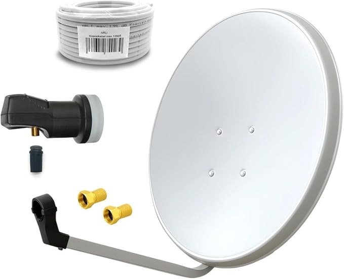 ARLI 60cm HD Sat Anlage Single LNB + 10m Koaxialkabel 135dB + 2 F-Stecker Digital 1 Teilnehmer Antenne lichtgrau/Weiss UHD 4K FullHD