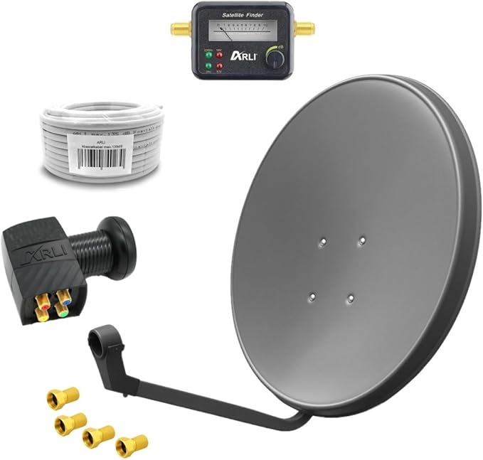 Nein Auslaufartikel (Produktion durch ARLI 60cm HD Satellitenanlage Quad LNB + 15m Kabel + Satfinder + 4 F-Stecker UHD 4K – 2016