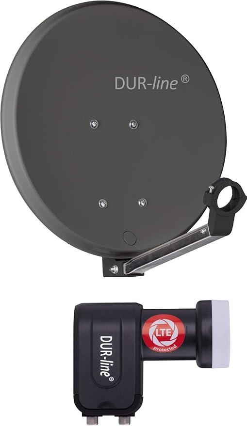 DUR-line DSA 40cm Anthrazit + Twin LNB - 2 Teilnehmer Set, Hochleistungs Hart-Aluminium Spiegel - [Sat-Antenne, Satellitenschüssel, Camping, Balkon, Mini, Boot]