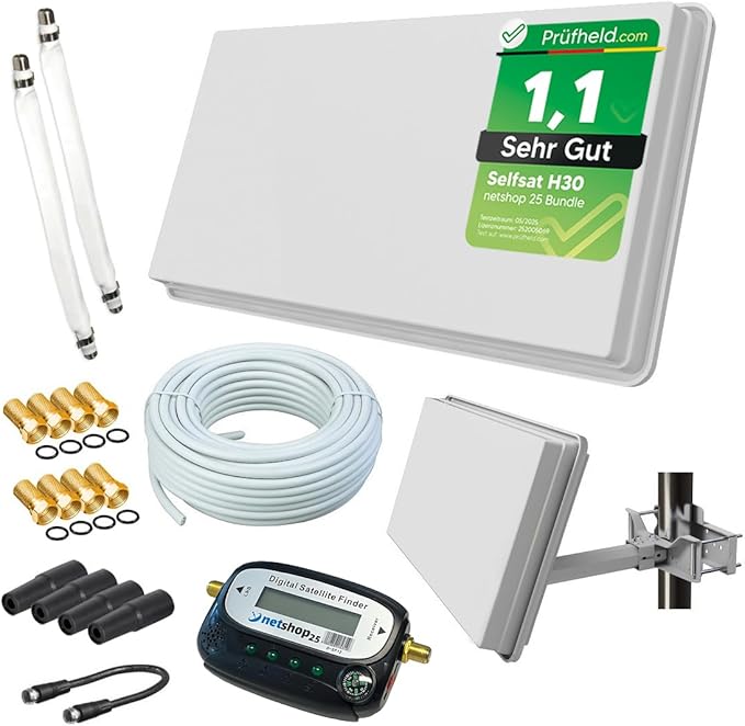 netshop 25 / I DO IT Selfsat H30D2+ Sat Flachantenne Twin mit Fensterhalterung, Sat-Finder, 20m Kabel & Anschluss-Set für 2 Teilnehmer von netshop 25