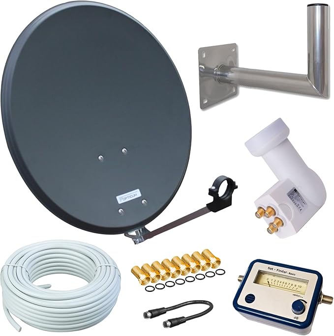 netshop 25 HD Satellitenanlage 80 cm Spiegel + Opticum Quad LNB für 4 Teilnehmer + 50m Kabel + Wandhalter + SAT Finder für 4K UHD Empfang