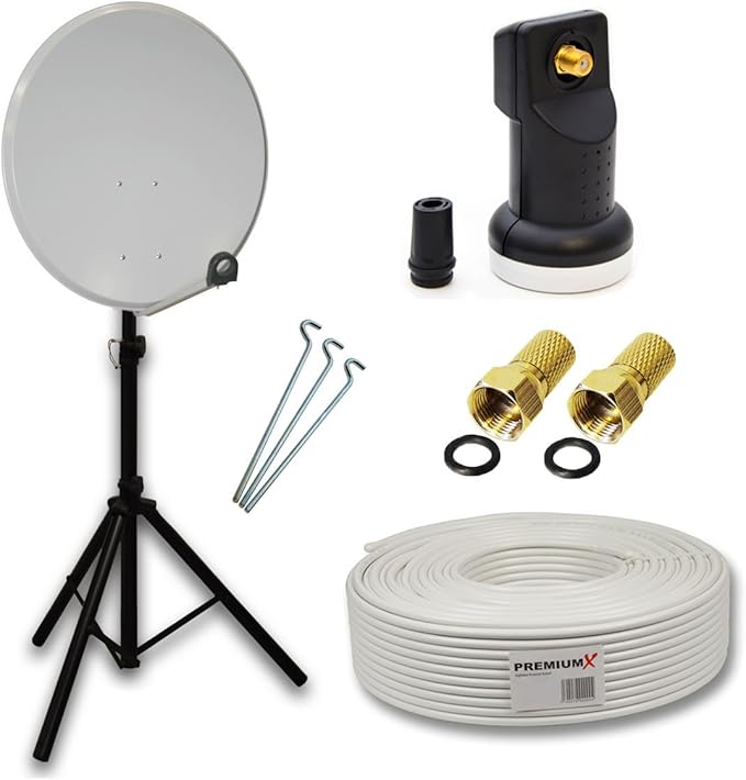 Nein Auslaufartikel (Produktion durch PremiumX Camping Sat-Anlage 45 cm Satellitenschüssel Antenne Single LNB 4K UHD 10m Kabel Dreibein Stativ Schwarz Wohnwagen