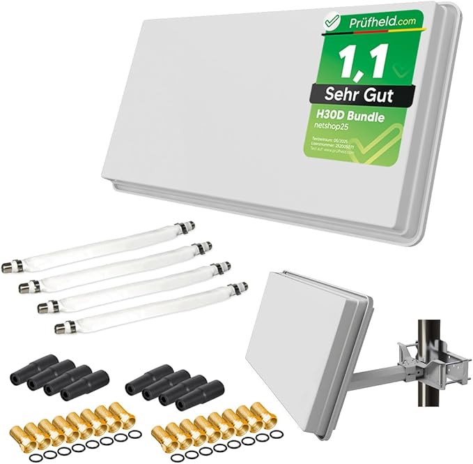 netshop 25 / I DO IT SAT Flachantenne Quad H30D4+ HD Sat Anlage mit Fensterhalterung für 4 Teilnehmer und Anschluss Set