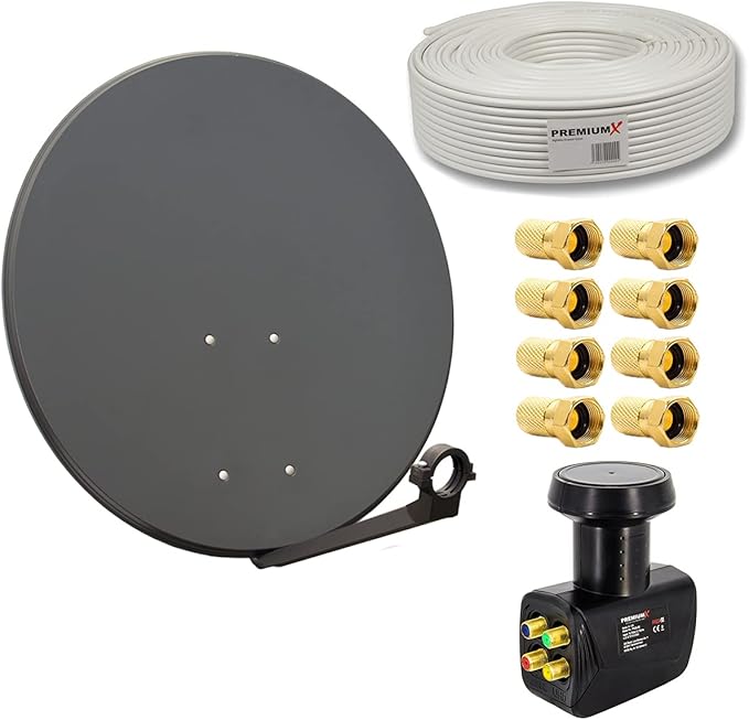 Premium X Satelliten-Komplettanlage 80 cm Anthrazit mit Quad LNB für 4 Teilnehmer, 50m Kabel & 8x F-Stecker – 119770