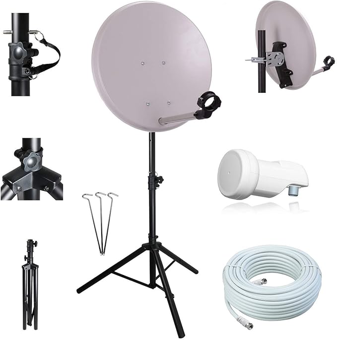 netshop 25 Digital Camping SAT Anlage 40 cm Spiegel mit Opticum HD Single LNB + 10m Kabel + Camping Dreibein-Stativ (SD HD Full HD 4K UHD)