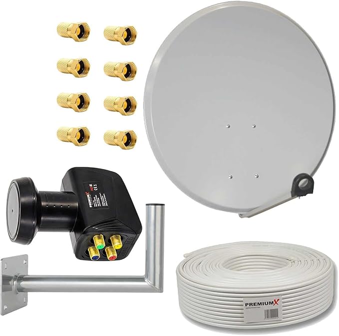 Premium X Satelliten-Komplettanlage 80cm SAT Quad LNB 4 Teilnehmer inkl. 50m Kabel & Wandhalter | Modell 123551