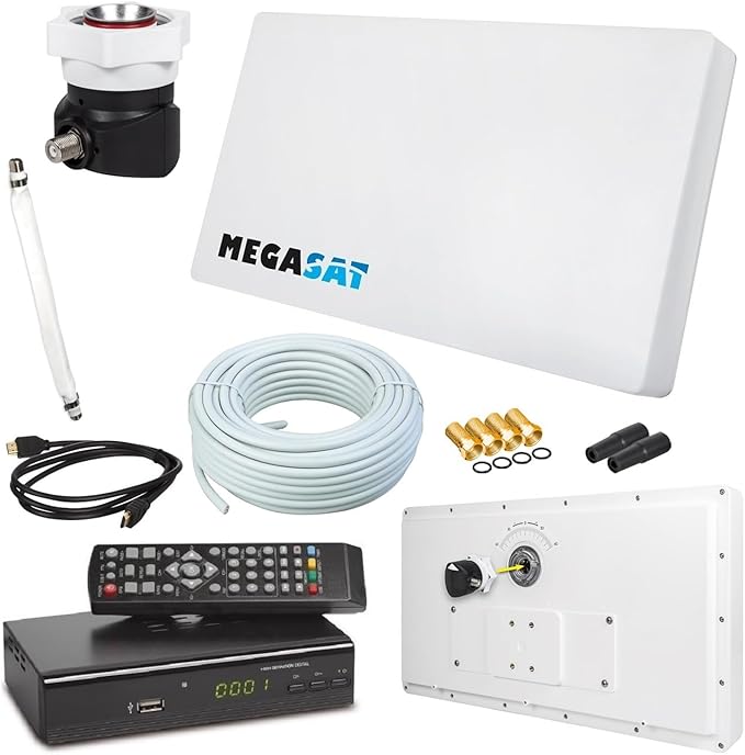Megasat Flachantenne Profi Line H30 D1 Single Komplett-Set inkl. HD Receiver, Fensterhalterung & 10m Kabel – D1002