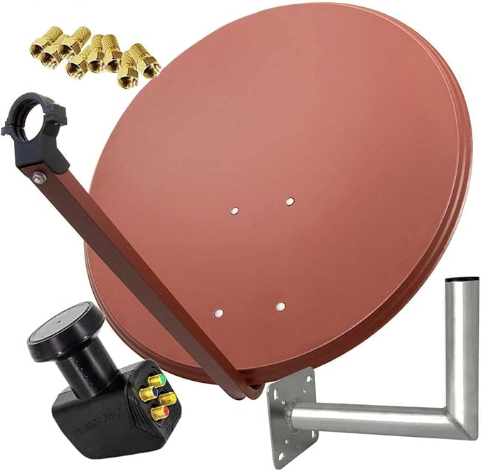 PremiumX Satelliten-Komplettanlage 80cm Satellitenschüssel Ziegelrot Quad LNB 8X F-Stecker Wandhalter 25cm, SAT bis 4 Teilnehmer