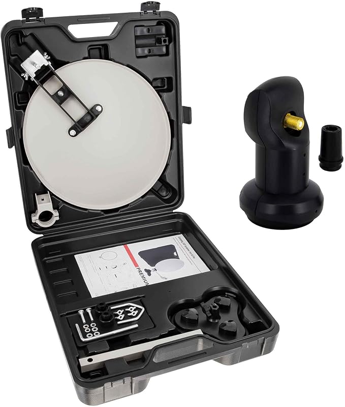 Premium X Camping SAT Anlage 126390 mit Satellitenschüssel Ø 35 cm, Single LNB, Tischhalter, Masthalter & Saugfuß im Koffer