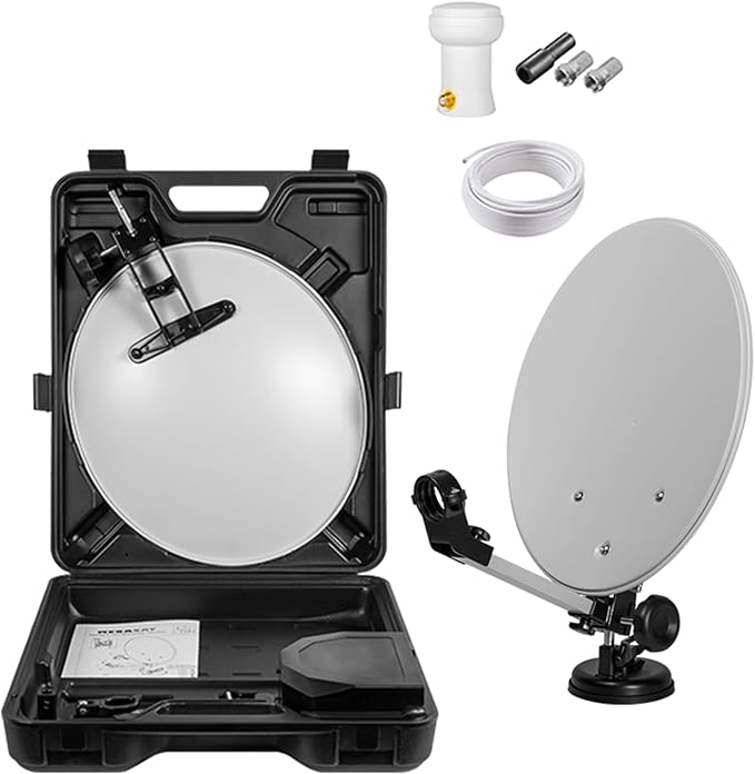 RedStar24 Mobile Camping-Sat-Anlage Komplettset im Koffer - 40cm Satellitenschüssel mit LNB & 10m Kabel für UHD/4K, ideal für Wohnwagen & Ou
