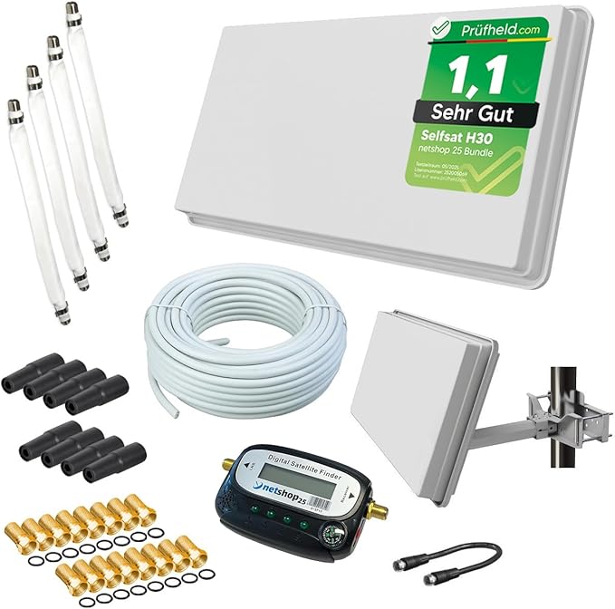 netshop 25 / I DO IT Selfsat H30D4+ Sat Flachantenne Quad für 4 Teilnehmer mit Fensterhalterung, Sat-Finder, 50m Kabel & Anschluss-Set von netshop 25