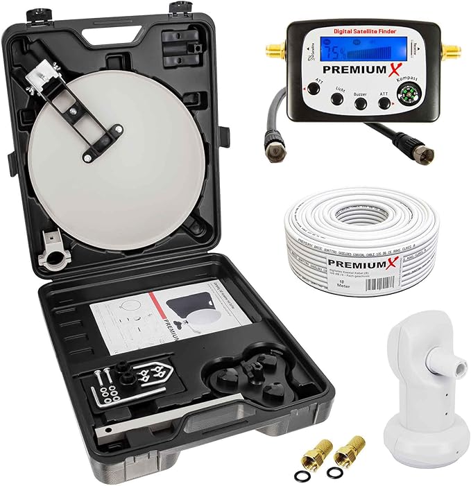 Premium X Camping Satelliten-Anlage SAT TV mit Signalfinder, Single LNB, 10m Kabel & F-Stecker kompakt im Koffer 123164