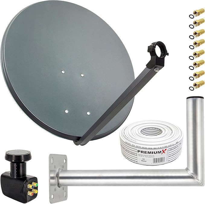 Premium X Satelliten-Komplettanlage 80cm Anthrazit Quad LNB 50m Kabel Wandhalter für bis zu 4 Teilnehmer – 123548