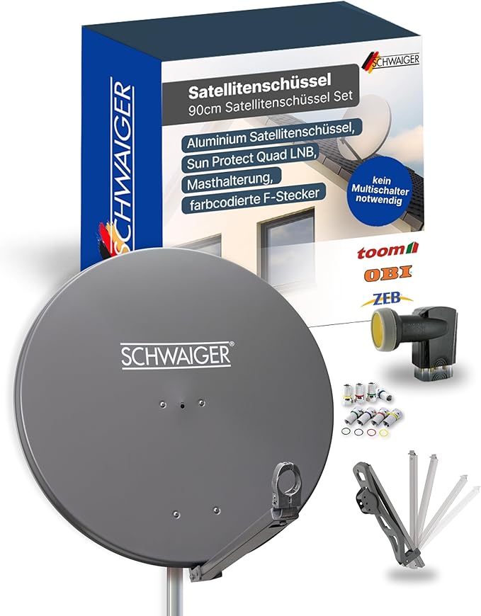 Nein Auslaufartikel (Produktion durch SCHWAIGER Satellitenschüssel Komplettset Ø 88 cm Aluminium mit Quad LNB für 4K UHD Empfang auf 4 Receivern