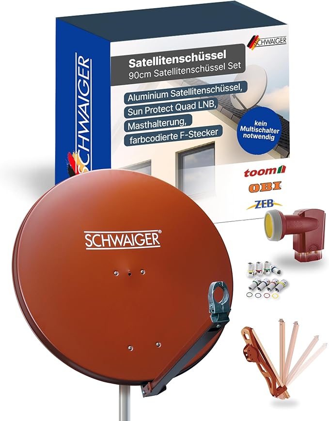 Nein Auslaufartikel (Produktion durch SCHWAIGER Satellitenschüssel Komplettset Ø 88 cm Aluminium Offset Antenne Rot mit Quad LNB 4-fach für Digital HD & 4K UHD Empfang