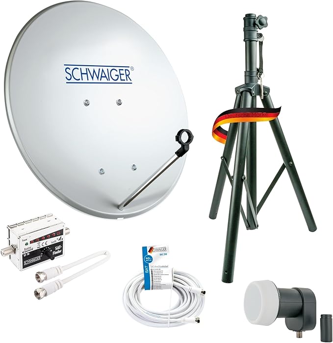 Schwaiger GmbH SATSET440 Satellitenanlage Komplett-Set Camping mit 40cm Schüssel, Single LNB, 10m Kabel, SAT-Finder & Dreibeinstativ