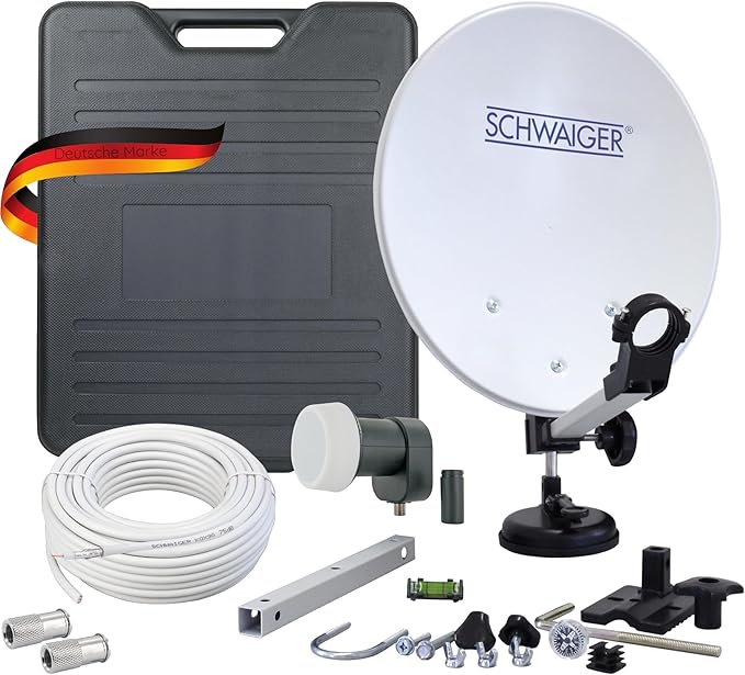 SCHWAIGER 9857 Camping-Sat-Anlage Komplett-Set digital Camping-Zubehör Satelitenschüssel SAT-Koffer inkl. Montagezubehör Single LNB Satelliten-Kabel unkonfektioniert 10m Sat Antenne Stahl 35 x 38cm