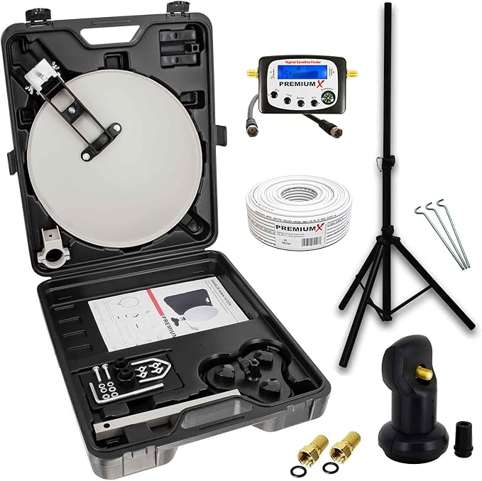 Premium X Camping SAT TV Anlage 121723 mit Satellitenschüssel, LNB, 10m Kabel, Sat-Finder & Stativ