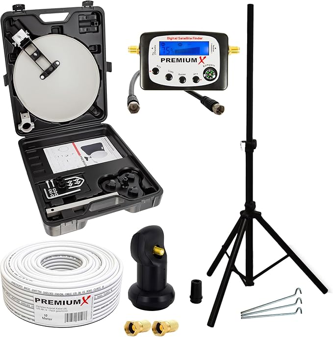 Premium X Camping Satelliten-Anlage Mobile Antenne im Koffer Single LNB 123153 mit TV SAT-Finder, 10m Kabel, Dreibein-Stativ & Saugfuß