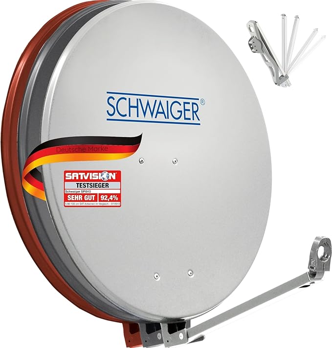 SCHWAIGER Satellitenschüssel XXL 88cm Aluminium hellgrau SAT Antenne Offset 39,5dB maximale Empfangsleistung LNB Tragarm Kabelführung Multifeed geeignet vormontiert wetterfest Profi Reflektor