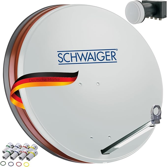 Nein Auslaufartikel (Produktion durch SCHWAIGER Satellitenschüssel Komplettset 80 cm Quad LNB digital HD 4K UHD für Astra Hotbird mit Masthalterung